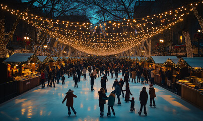 A bustling outdoor ice rink at night, with twinkling lights, skaters of all ages, and nearby stalls selling holiday treats