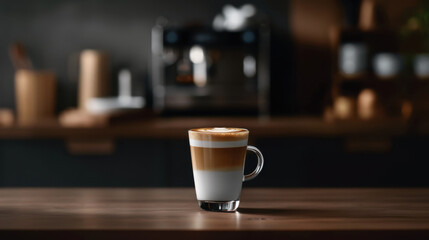 Fototapeta premium beautifully crafted tulip latte art served in glass cup, showcasing layers of creamy milk and rich coffee. warm ambiance enhances inviting feel of this delightful beverage
