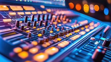 A dynamic shot of a studio mixing console with glowing lights and colorful controls, capturing the high-tech energy of music production.