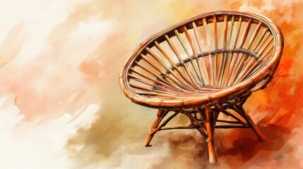 A low-angle view of a traditional bamboo chair, emphasizing its natural textures and warm tones, styled in a watercolor painting technique with a focus on elegance and craftsmanship.