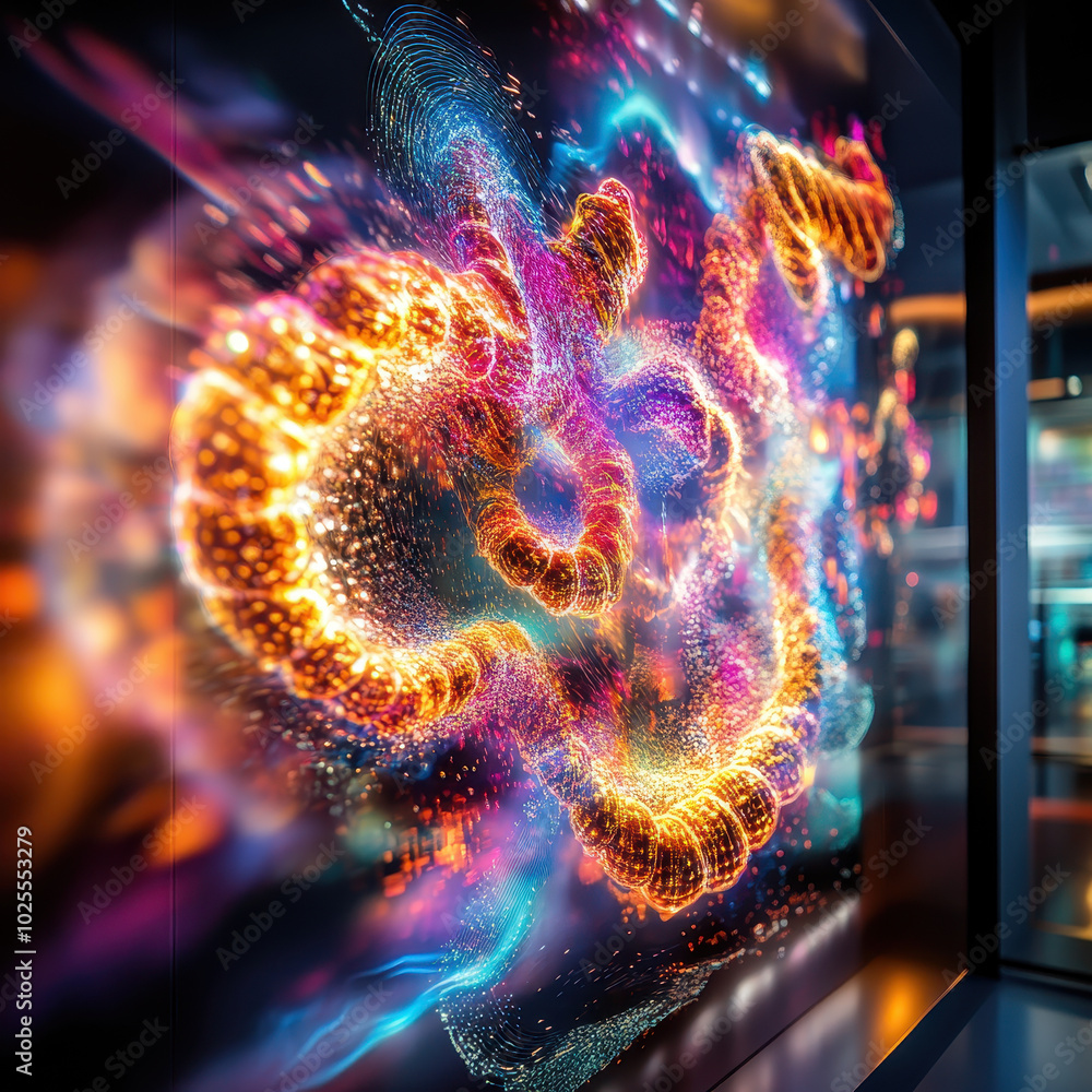 Poster vibrant visualization of protein folding simulation, showcasing colorful patterns and dynamic moveme