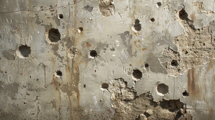 A Weathered Concrete Wall With Multiple Bullet Holes