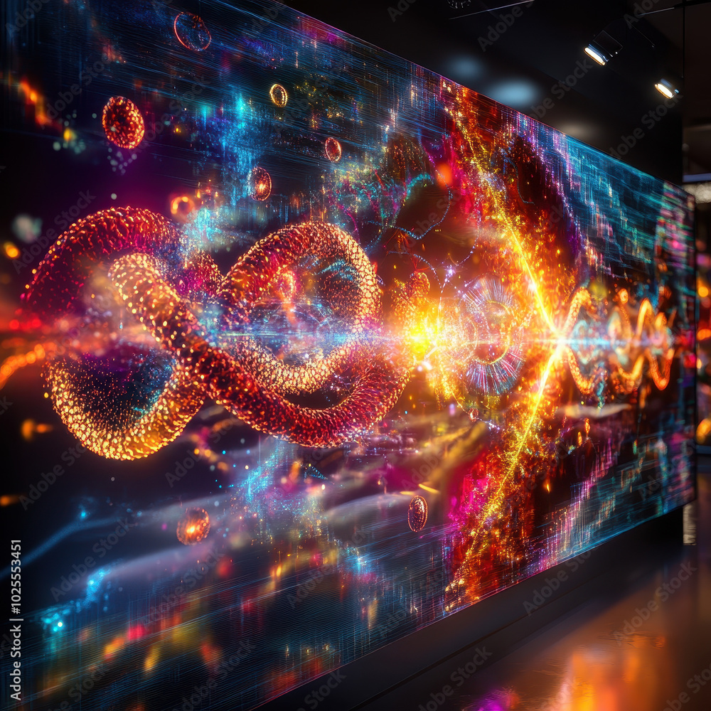 Poster vibrant visualization of protein folding simulation, showcasing colorful patterns and dynamic moveme