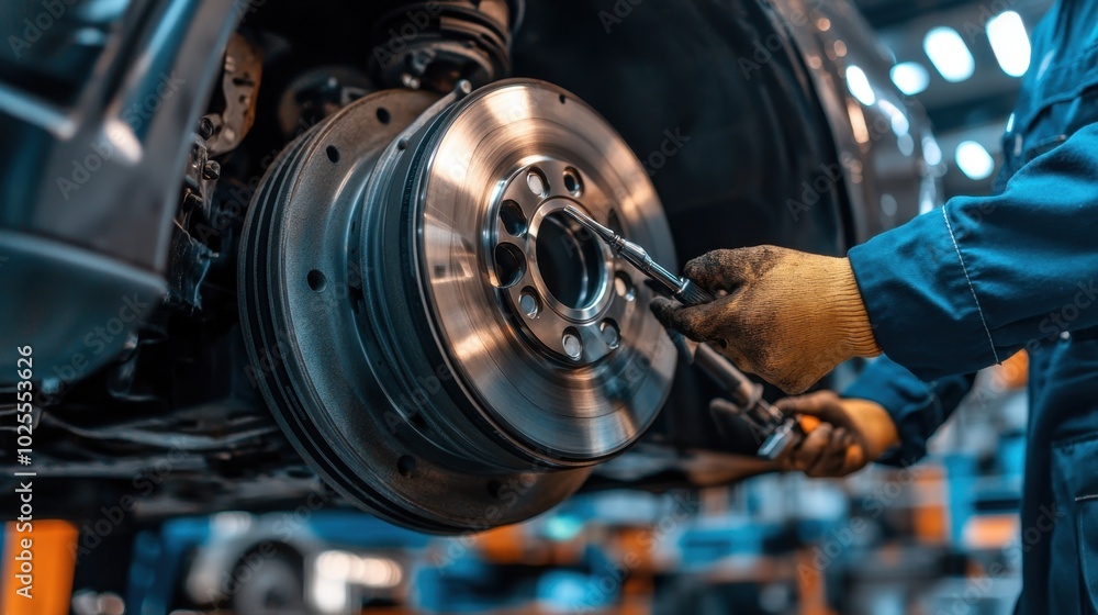 Aufkleber a mechanic inspecting a car's brake system with tools in hand, focusing on the intricate details of 