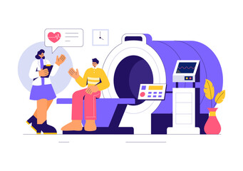MRI or Magnetic Resonance Imaging Illustration featuring a Doctor and Patient during a Medical Examination with a CT Scan Machine in a Flat Background