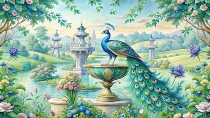 Fototapeta premium A peacock perched on a golden pedestal in a surreal landscape with cascading waterfalls and stylized structures, surrounded by vibrant flowers and lush greenery.