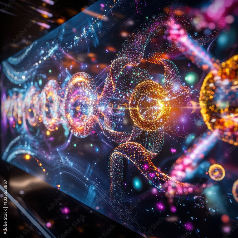 Poster stunning visualization of protein folding simulation, showcasing vibrant colors and intricate patter