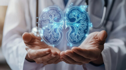 Doctor holding digital model of kidneys.