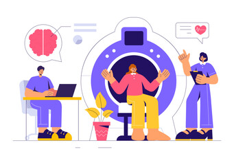 MRI or Magnetic Resonance Imaging Illustration featuring a Doctor and Patient during a Medical Examination with a CT Scan Machine in a Flat Background