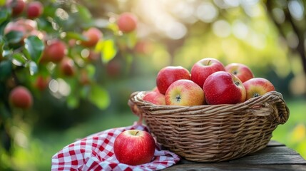A wicker basket filled with ripe red apples sits on a wooden table with a red gingham cloth and an apple spilling out onto the cloth in a lush apple orchard.
