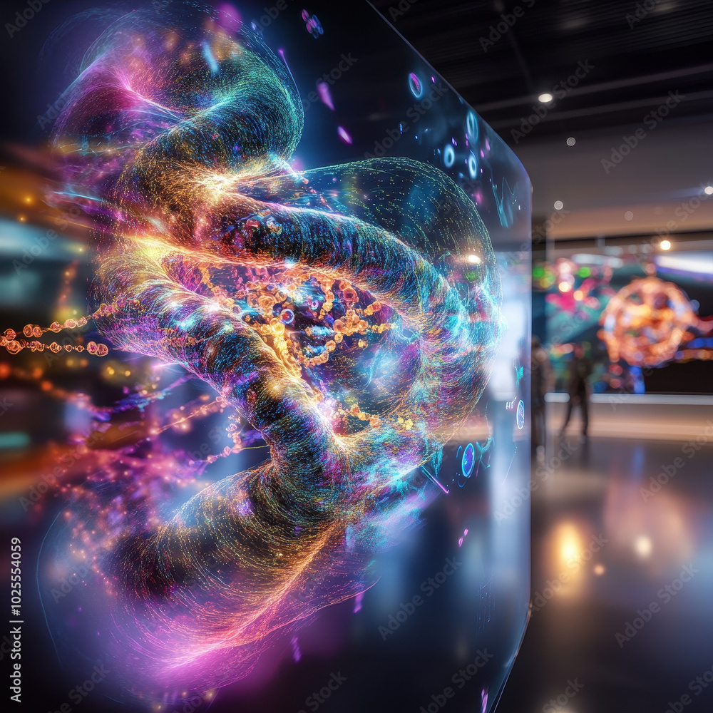 Poster vibrant visualization of protein folding simulation, showcasing intricate molecular structures and d