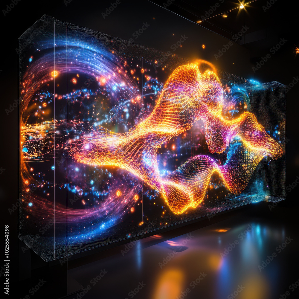Poster vibrant visualization of protein folding simulation, showcasing dynamic waves of color and light. in