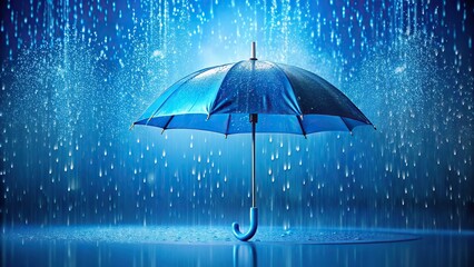 description: High angle view of raindrops falling on blue umbrella with isolated background