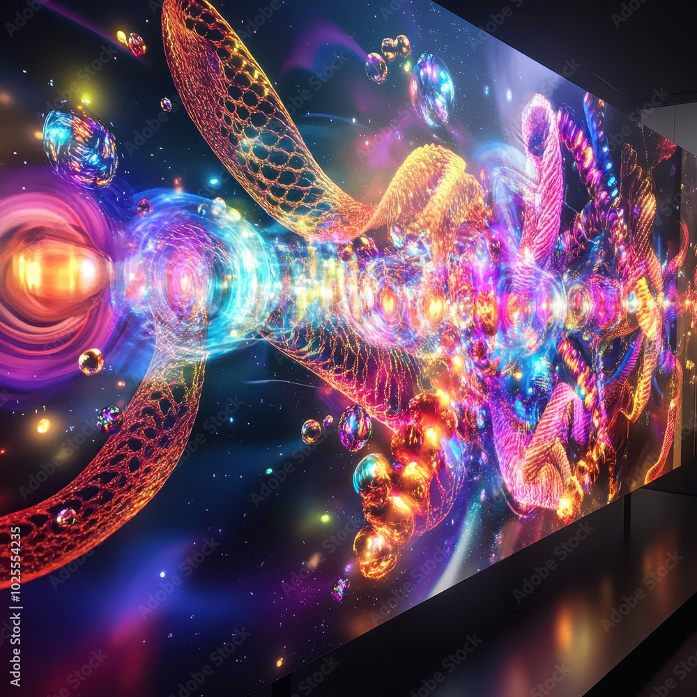 Poster vibrant visualization of protein folding simulation, showcasing colorful patterns and intricate desi