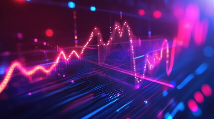 Abstract glowing data chart with vibrant neon colors and futuristic visual effects, symbolizing digital technology, financial trends, and big data analytics.