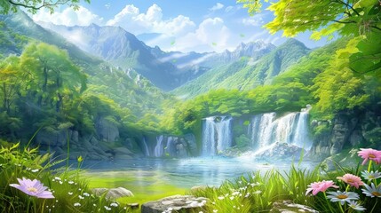 Serene Waterfall Oasis in a Lush Mountain Valley