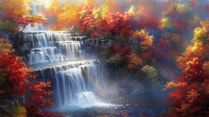 Fototapeta premium Autumn Waterfall in a Dreamy Forest