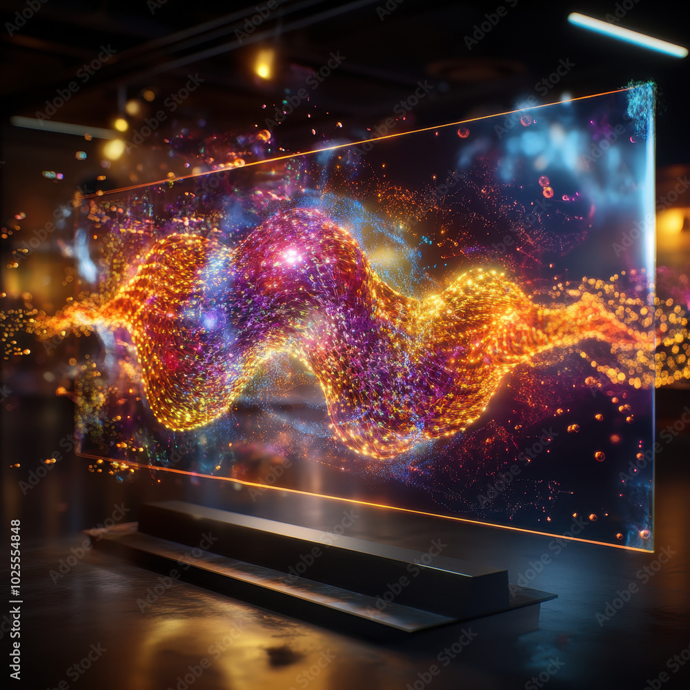 Poster vibrant visualization of protein folding simulation, showcasing colorful waves of energy and particl