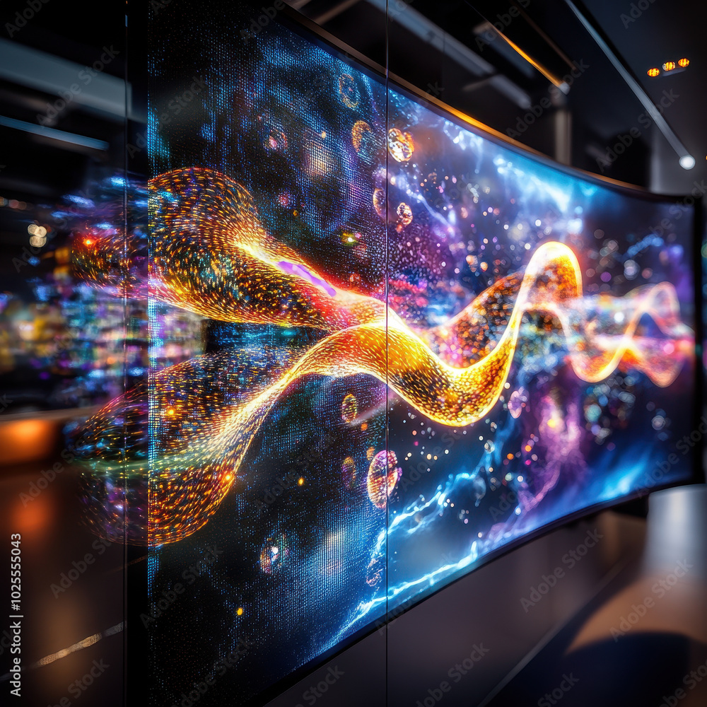 Poster vibrant visualization of protein folding simulation, showcasing colorful waves and dynamic patterns.