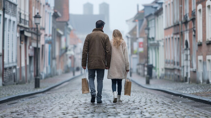 Back view of romantic couple walking together in old street. Young man and woman in dress walking together along narrow city street holding hands talking and smiling. Vacation and travelling concept