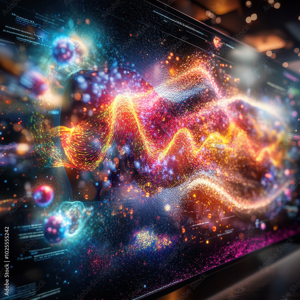 Poster vibrant visualization of protein folding simulation, showcasing colorful waves and particles in moti