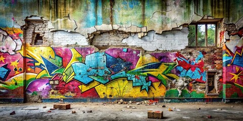 description: Panoramic view of a cracked wall with colorful graffiti and paint splatter