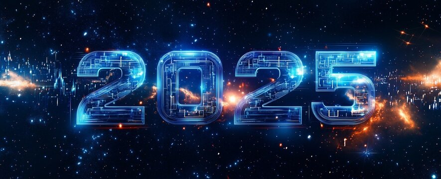 Futuristic Digital Cosmic Landscape with a Highlighted 2025 in Stunning Blue Hues
