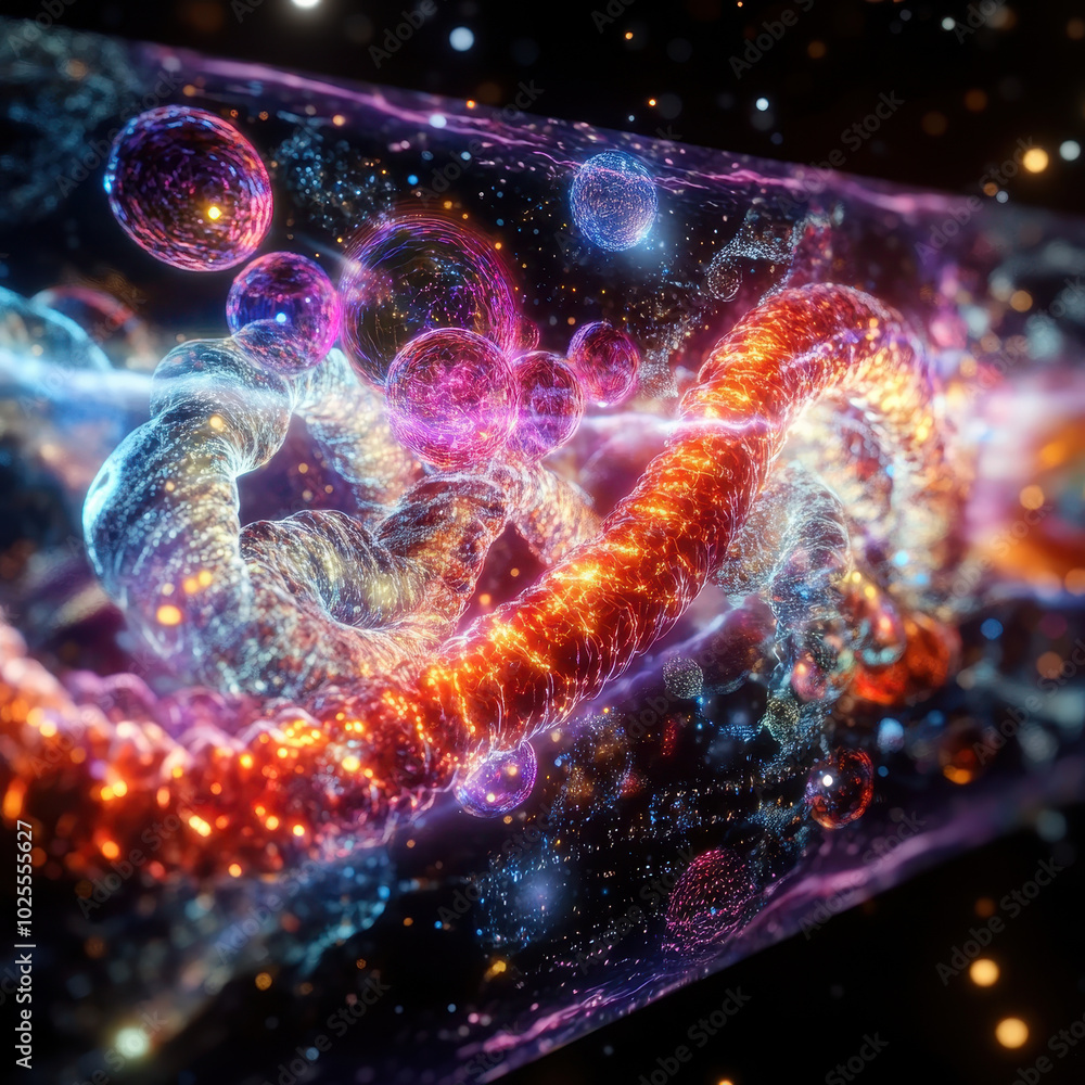 Poster stunning visualization of protein folding simulation, showcasing vibrant colors and intricate patter
