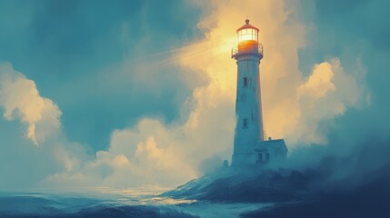 A towering lighthouse standing tall on the shore, its light beaming out to guide ships safely through the night, symbolizing safety and direction.