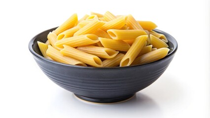 description: Raw penne rigate pasta in a dark grey bowl isolated on a white background