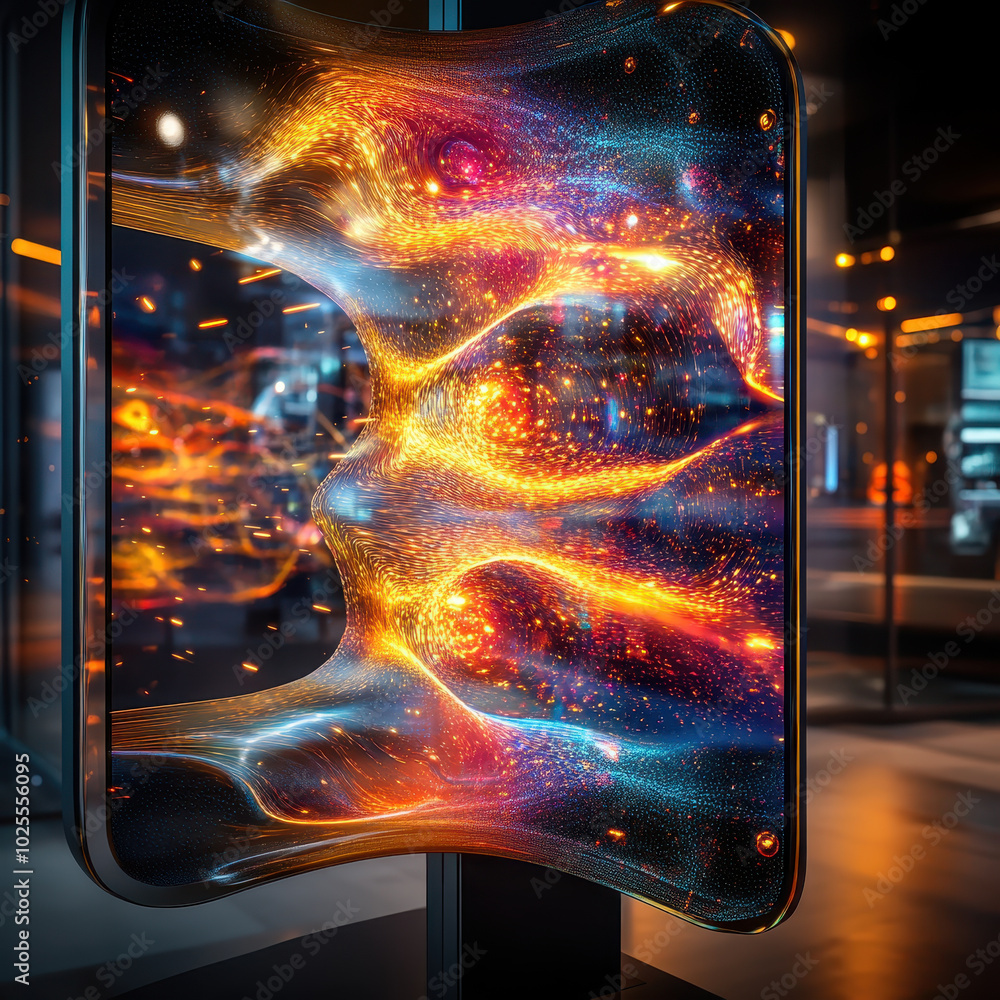 Poster stunning visualization of protein folding simulation, showcasing vibrant colors and dynamic patterns