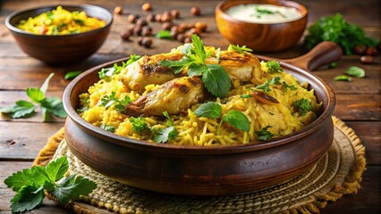 Aromatic saffron rice with browned chicken, garnished with fresh parsley, served in a rustic earthenware bowl on a natural woven mat.