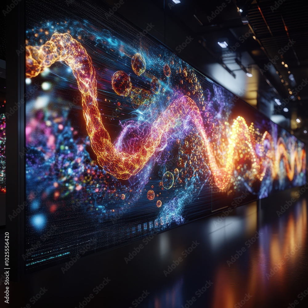 Poster vibrant visualization of protein folding simulation, showcasing colorful strands and dynamic pattern