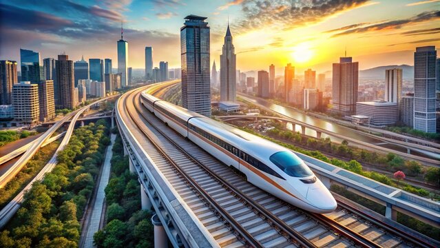 description: Sleek high-speed bullet train racing through busy cityscape aerial view