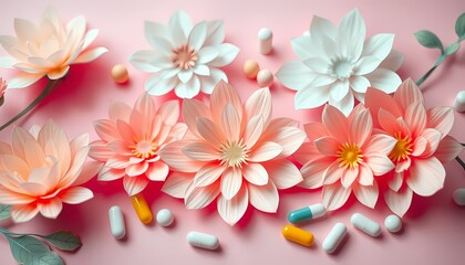 Pastel pink flowers with white pills on a pink background