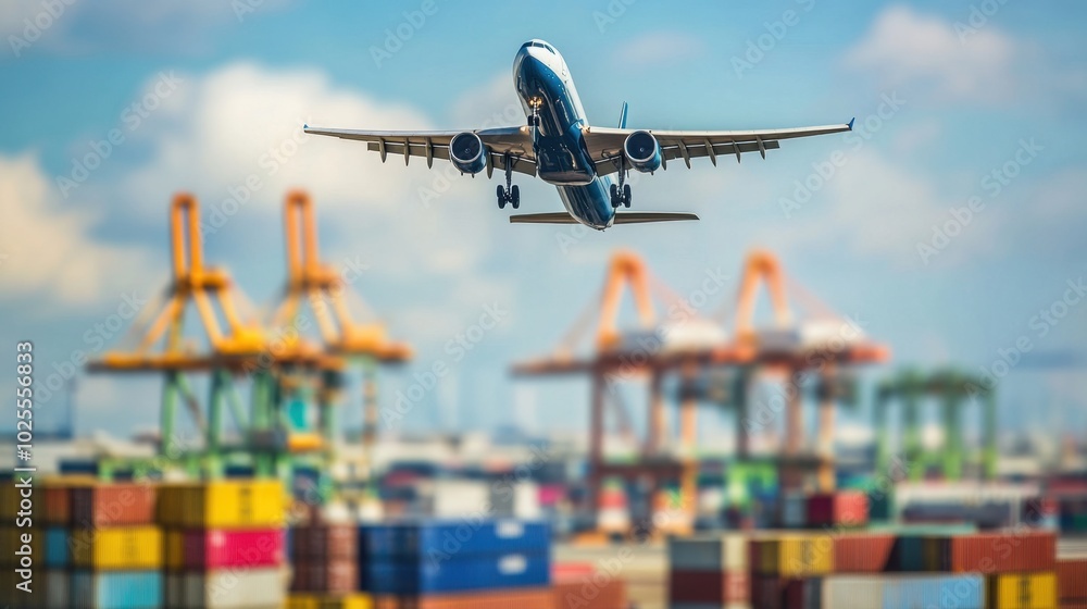 Poster airplane soaring over a busy cargo terminal with containers and cranes below, symbolizing the global