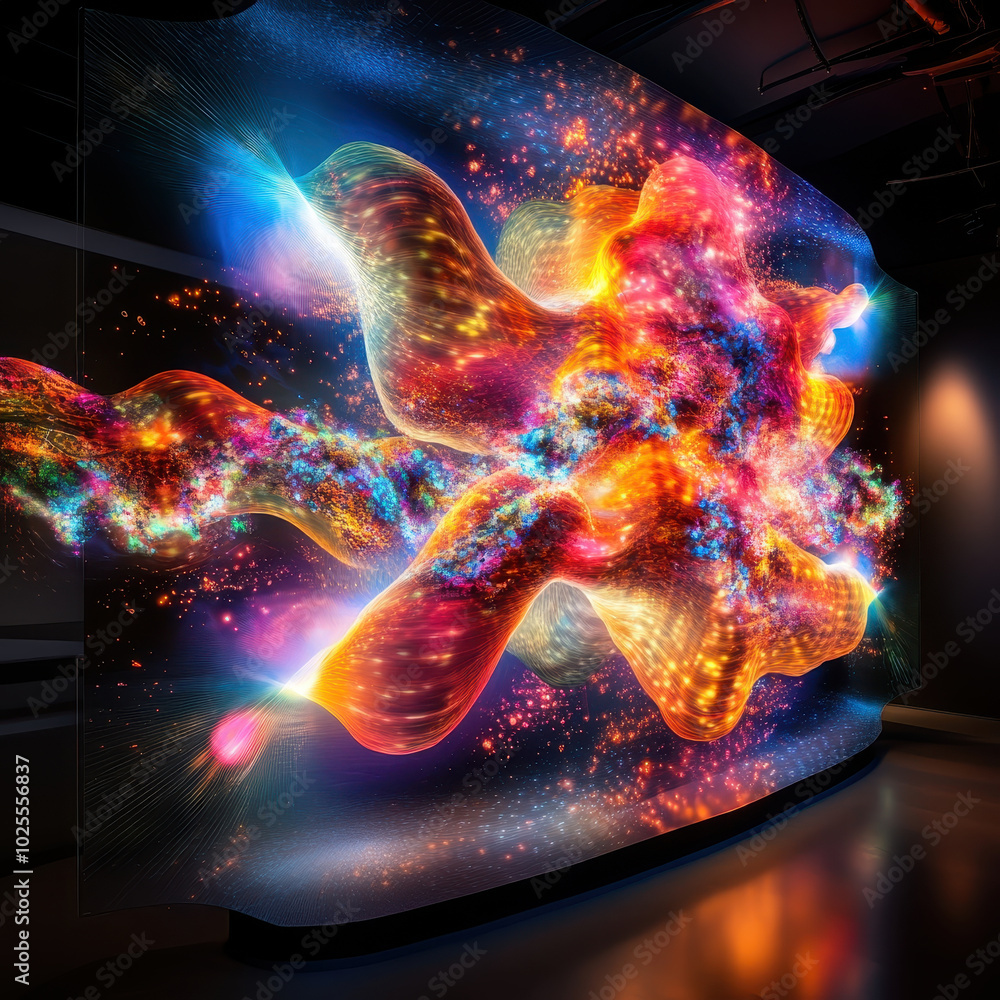 Poster vibrant visualization of protein folding simulation, showcasing dynamic colors and intricate pattern