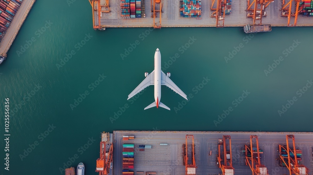 Poster airplane soaring over a busy cargo terminal with containers and cranes below, symbolizing the global