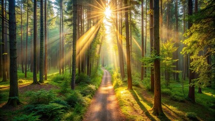 Naklejka premium description: Sunlight streaming through dense forest trees illuminating serene woodland path