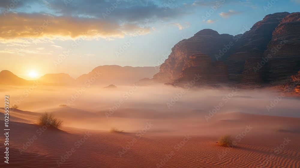 Wall mural a fog-covered desert plain at sunrise, with the soft light breaking through and illuminating the mis