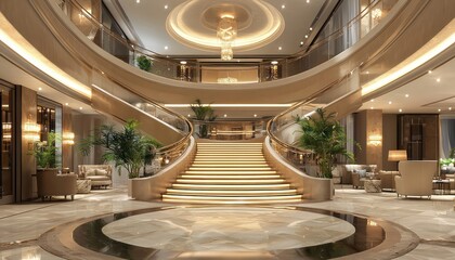 Obraz premium Create a 3D model of a luxury hotel lobby with opulent decor and a sweeping staircase.