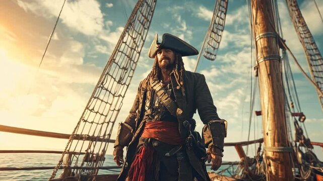 An Adventurous Pirate Sails the Open Sea at Sunset