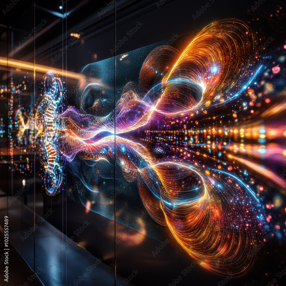 Poster stunning visualization of protein folding simulation, showcasing vibrant colors and intricate patter