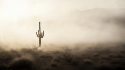 Fototapeta premium A lone cactus in a desert enveloped in fog, its silhouette barely visible against the soft, muted tones of the landscape