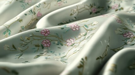Artistic illustration of hand-embroidered fabric with delicate floral patterns, rendered in a soft and elegant color palette, highlighting fine details and craftsmanship.