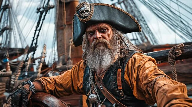 A Daring Pirate Captain Navigates the Stormy Seas at Sunset