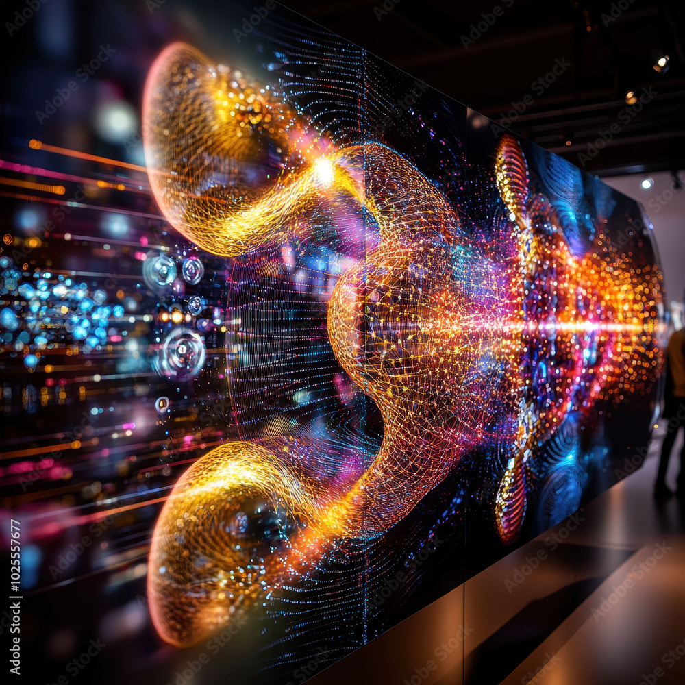 Poster stunning visualization of protein folding simulation, showcasing vibrant colors and intricate patter