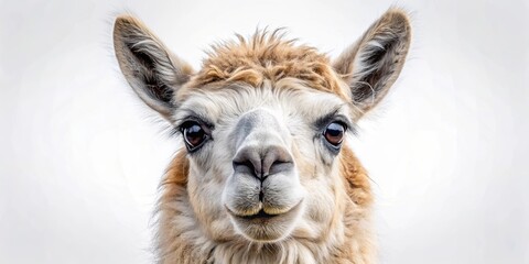 Close-up portrait of a llama's face, showcasing its fluffy fur, expressive eyes, and a gentle smile against a simple white background.