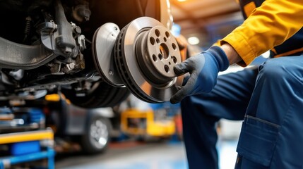 Auto mechanic performing a thorough brake check, zoomed in on the components, reflecting the importance of vehicle safety