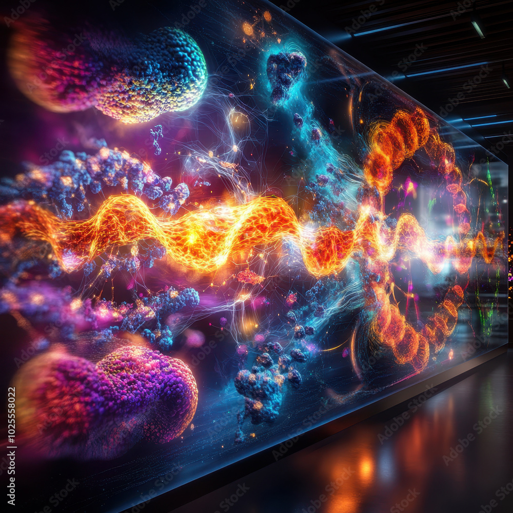 Poster vibrant visualization of protein folding simulation, showcasing colorful molecular structures and dy